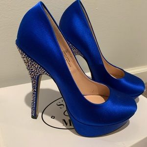 Blue satin rhinestoned heels